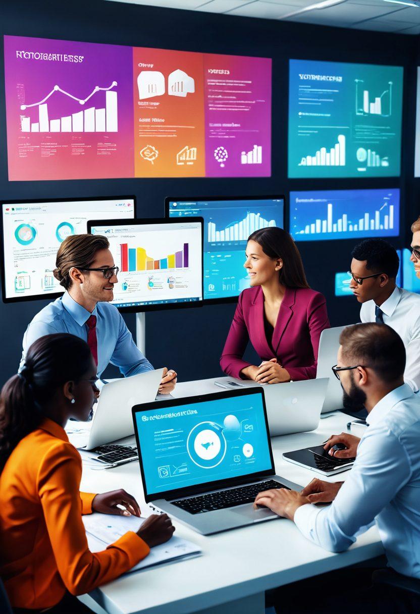 A dynamic virtual meeting scene showcasing diverse professionals collaborating over laptops, with vibrant infographics and charts displayed on their screens. Include elements of communication such as speech bubbles and digital tools, set against a backdrop of a futuristic office environment. Emphasize teamwork and engagement, with warm, inviting colors that convey connection and productivity. super-realistic. vibrant colors. 3D.