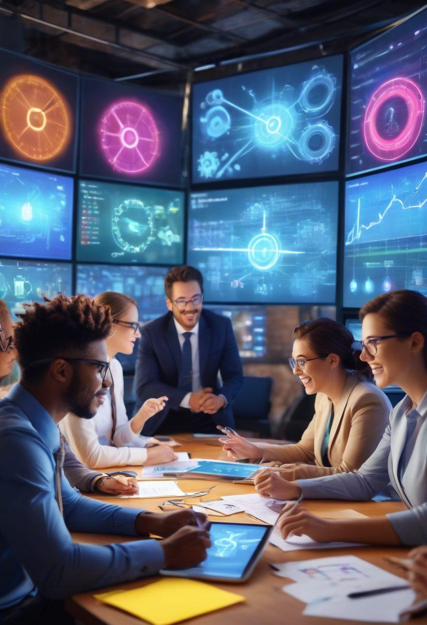 A diverse group of professionals engaged in a lively virtual meeting with animated expressions, surrounded by colorful digital screens displaying charts and notes. Integrate symbols of teamwork like gears meshing together and lightbulbs representing ideas. Include elements that suggest speed and connectivity, such as lightning bolts and network lines. Bright and inviting colors to evoke a sense of collaboration and creativity. super-realistic. vibrant colors.